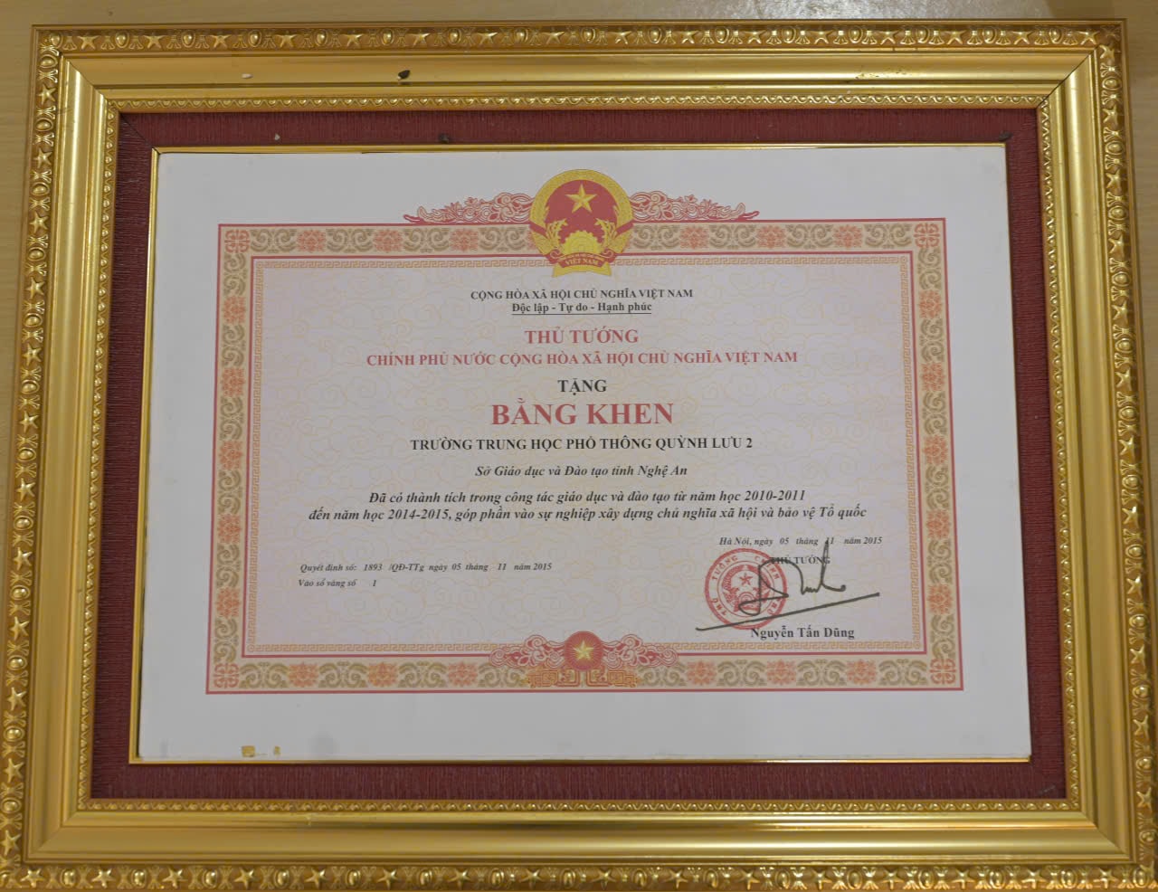 Bằng khen của Thủ tướng Chính phủ năm 2015.