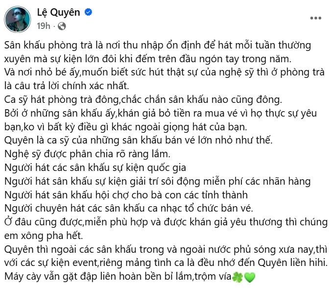 Lệ Quyên lên tiếng về chuyện thường xuyên hát ở phòng trà.