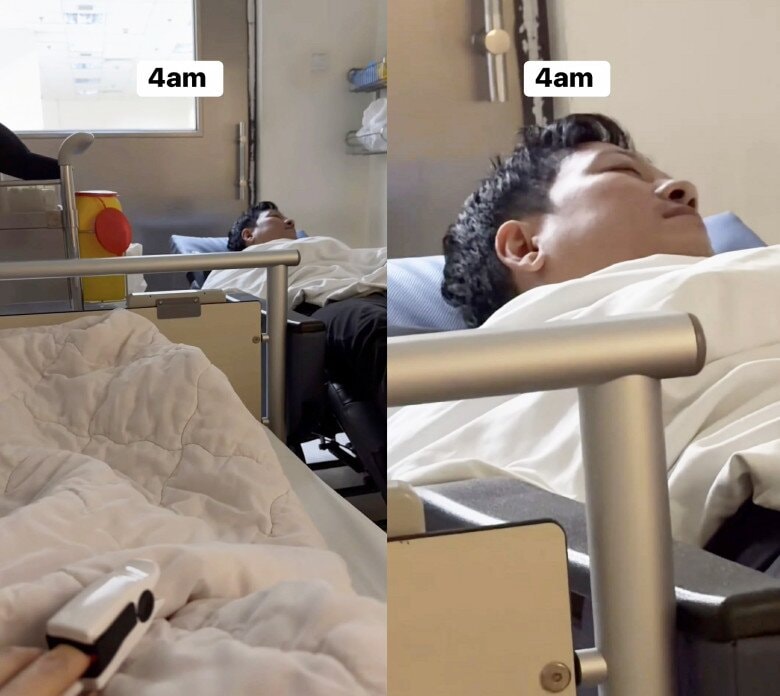 Khoảnh khắc Trường Giang ngủ cạnh giường bệnh của vợ được hé lộ.