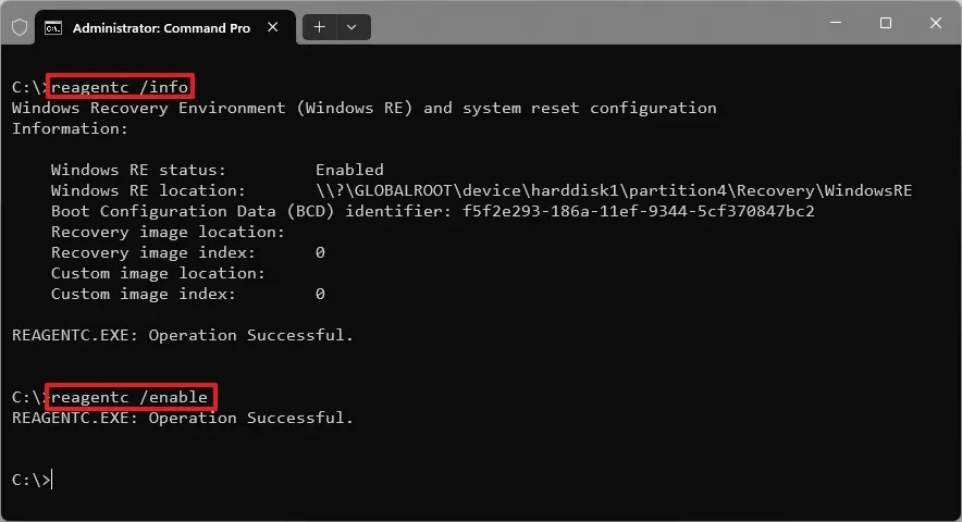 Kiểm tra trạng thái WinRE bằng lệnh reagentc /info trong Command Prompt trên Windows 11