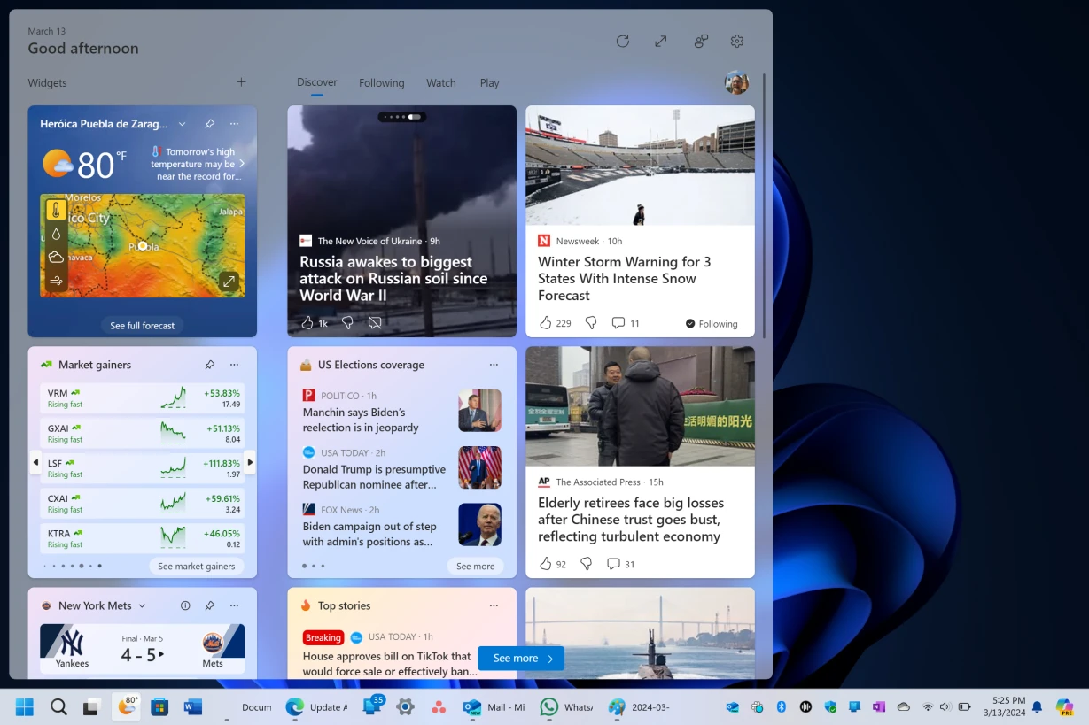 Bảng Widgets trên Windows 11 hiển thị thông tin thời tiết và tin tức