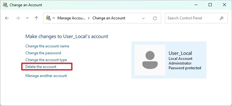 Các tùy chọn xóa tài khoản người dùng trong Control Panel