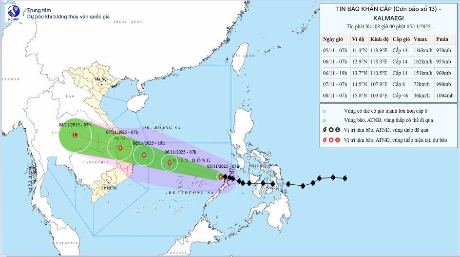 Cập nhật vị trí của bão số 13 trên Biển Đông. Ảnh: Trung tâm Dự báo Khí tượng Thủy văn quốc gia