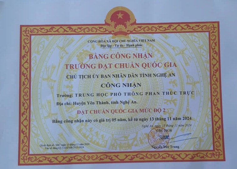 Bằng công nhận Trường đạt Chuẩn quốc gia mức độ 2