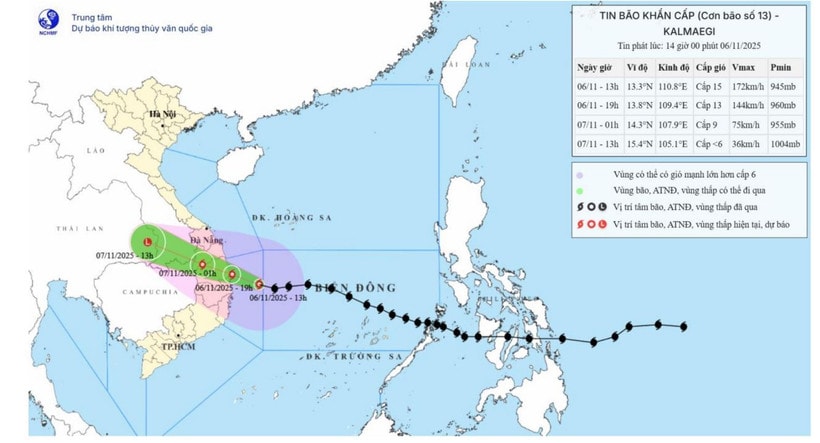 Bản đồ dự báo quỹ đạo và cường độ bão số 13 (Kalmaegi) phát lúc 14 giờ chiều 6/11/2025. (Nguồn: Trung tâm Dự báo khí tượng thủy văn quốc gia)