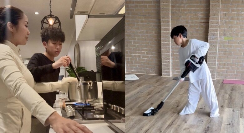 Các con của Ốc Thanh Vân tự giác phụ giúp mẹ làm việc nhà.