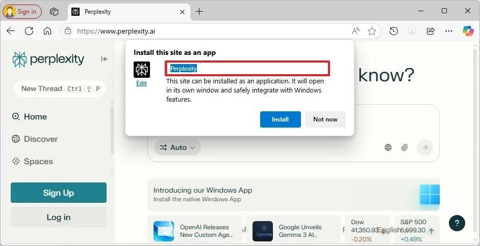 Hộp thoại xác nhận cài đặt ứng dụng Perplexity PWA từ Microsoft Edge.