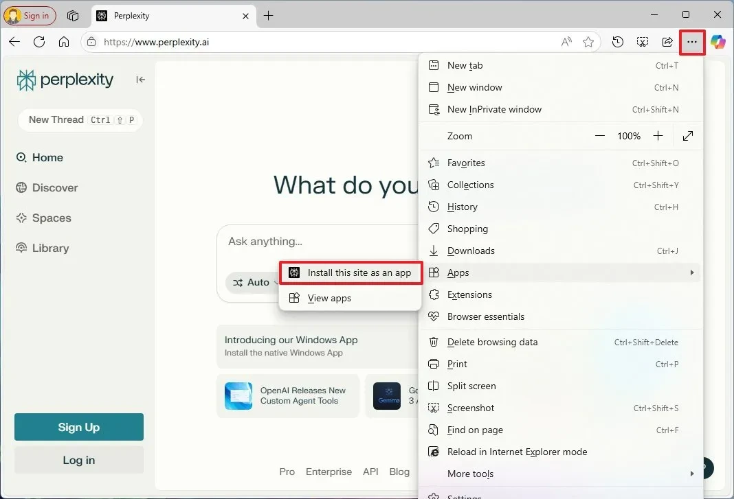 Tùy chọn cài đặt trang web dưới dạng ứng dụng trong trình duyệt.