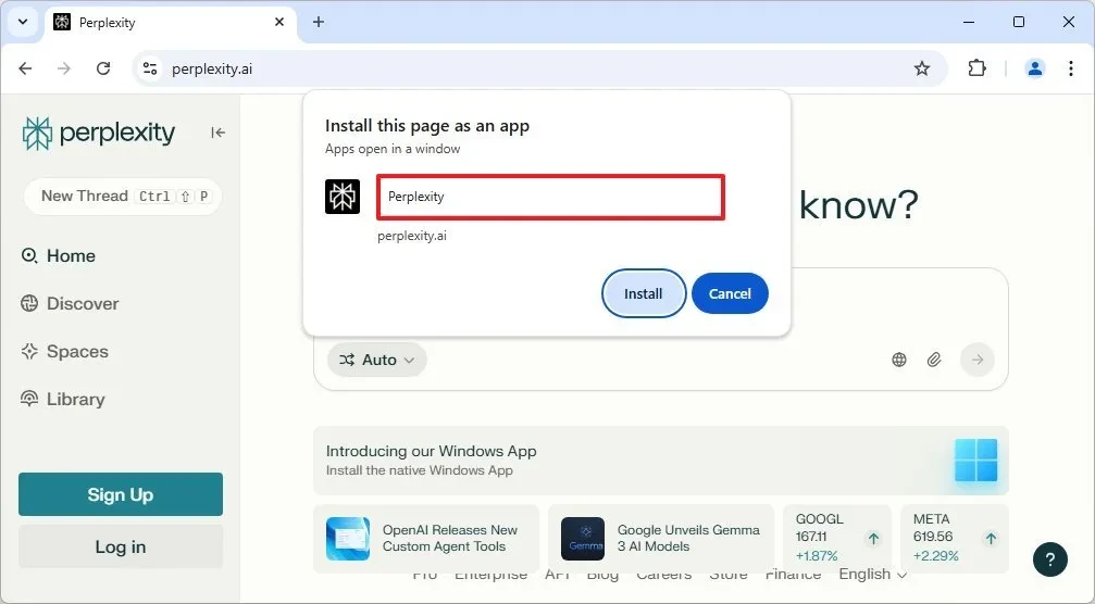 Ứng dụng Perplexity AI đã được cài đặt và hiển thị trong danh sách ứng dụng của Windows.