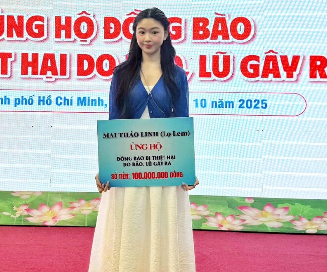 Ái nữ nhà MC Quyền Linh góp 100 triệu đồng ủng hộ đồng bào vùng lũ hồi tháng 10/2025.