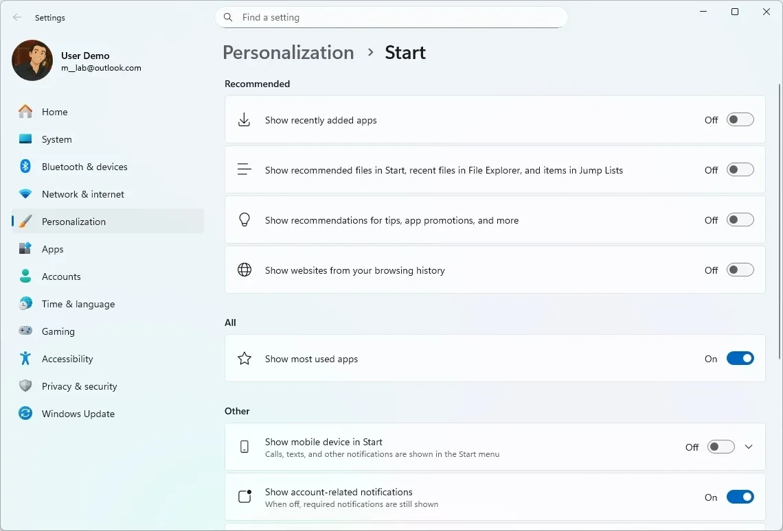 Các tùy chọn sắp xếp ứng dụng trong mục Tất cả của Menu Start.