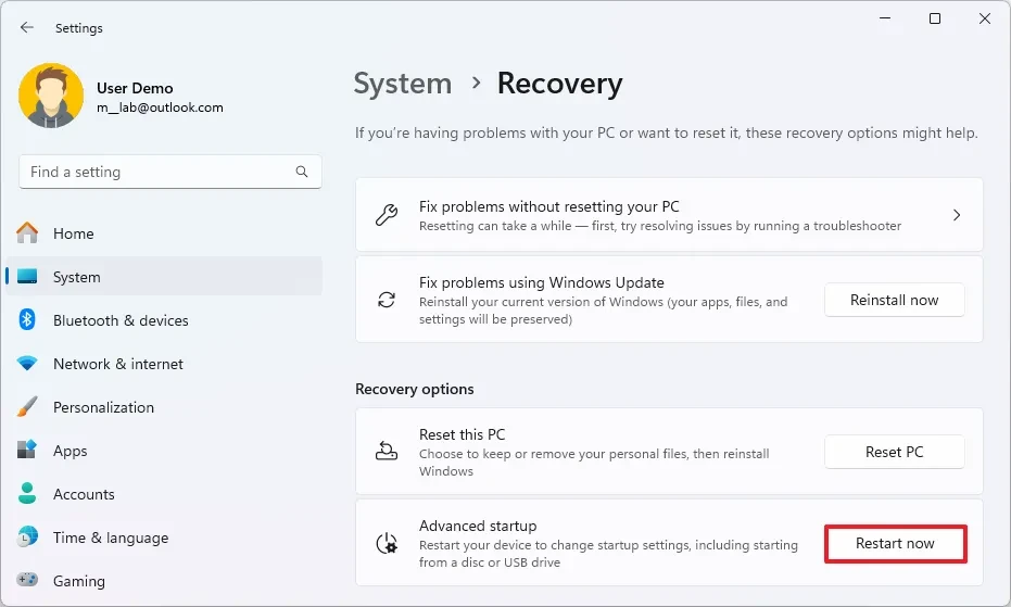 Giao diện Recovery trong Settings của Windows 11.