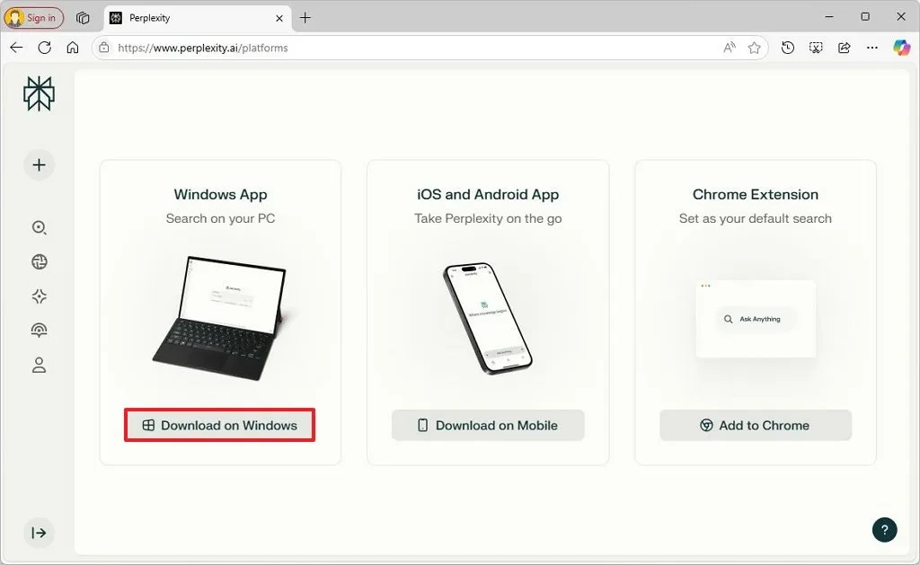 Giao diện trình cài đặt ứng dụng Perplexity AI trên Windows.
