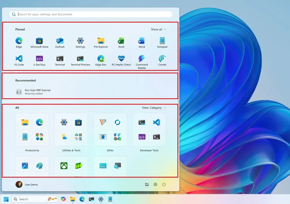 Giao diện Menu Start mới trên Windows 11 với bố cục hợp nhất.
