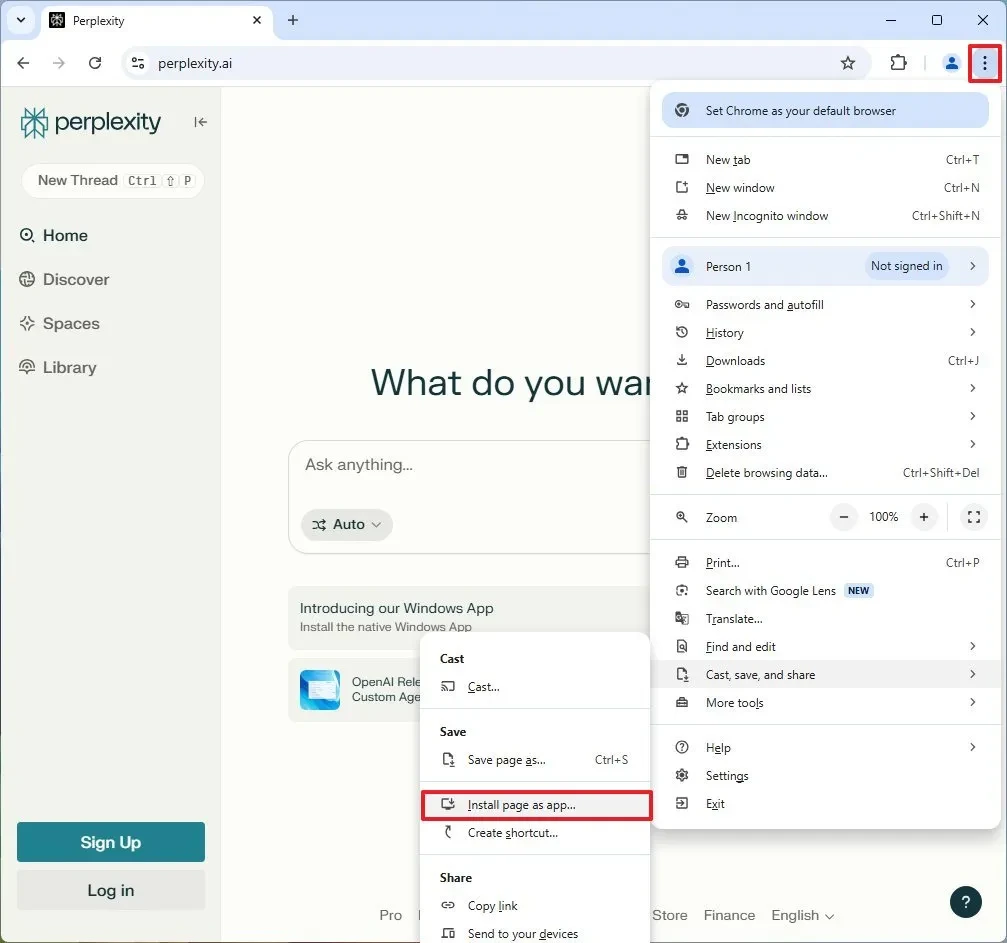 Tùy chọn cài đặt trang dưới dạng ứng dụng trong menu của Google Chrome.