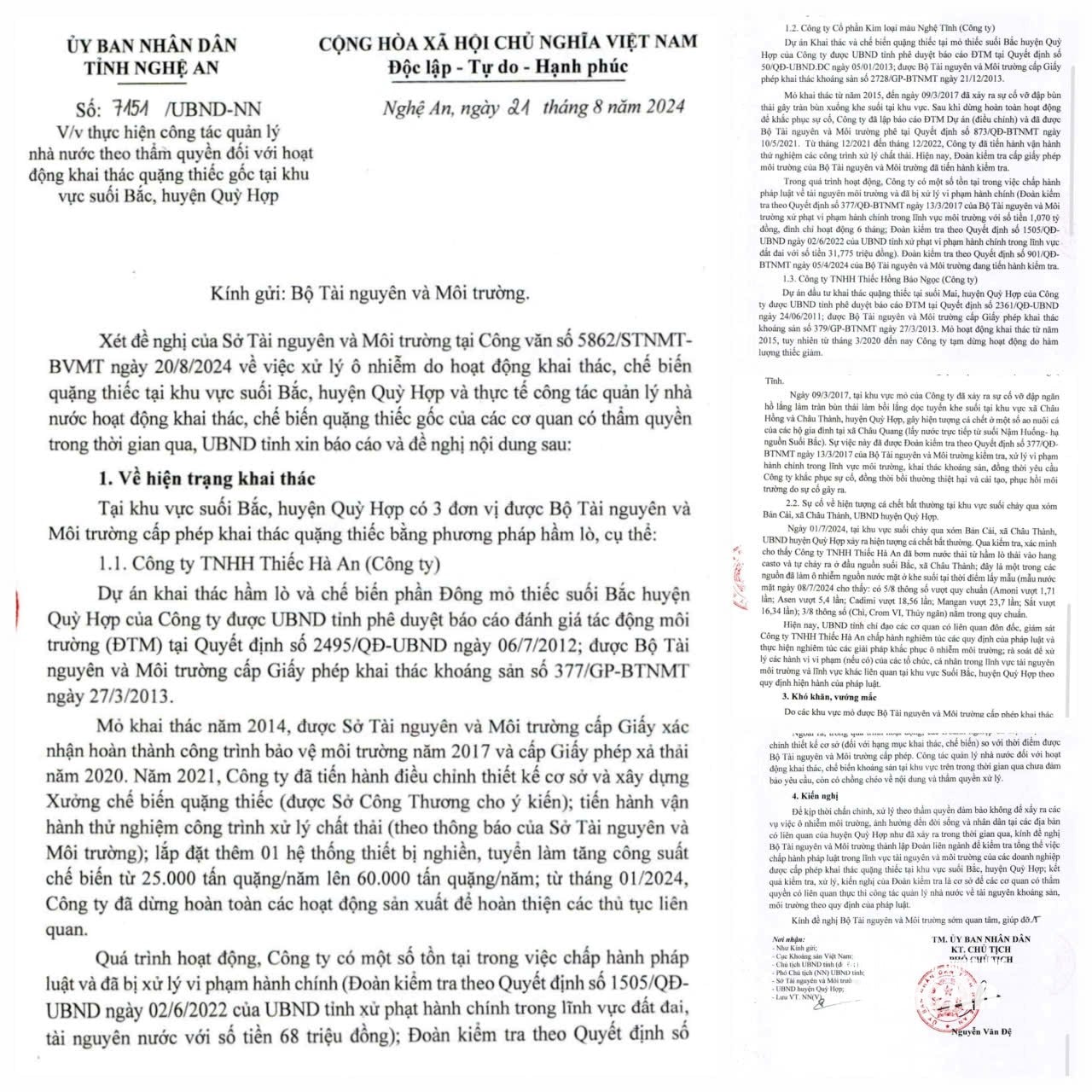 Văn bản số7451/UBND-NN ngày 21/8/2024 của UBND tỉnh gửi Bộ Tài nguyên và Môi trường (cũ). Ảnh: Nhật Lân