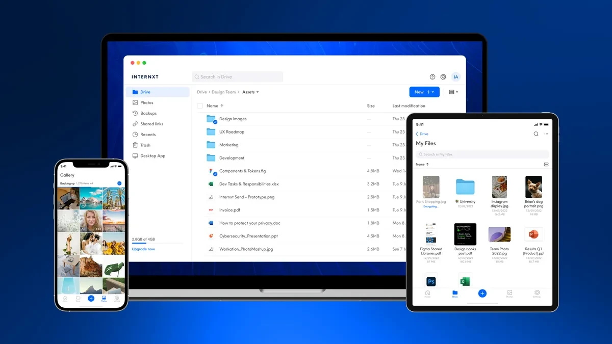 Giao diện người dùng của Internxt với thiết kế hiện đại.