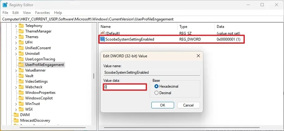 Chỉnh sửa giá trị ScoobeSystemSettingEnabled trong Registry Editor của Windows 11.