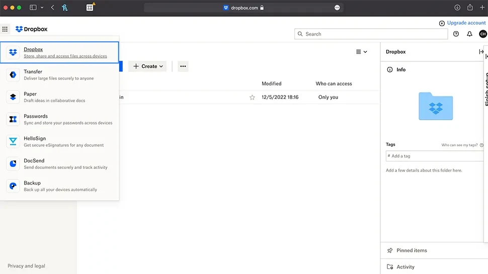 Giao diện của Dropbox Backup hiển thị tiến trình sao lưu tệp.