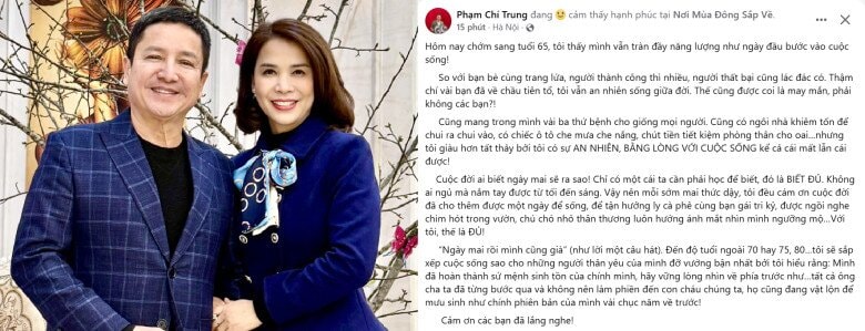 Bước sang tuổi 65, Chí Trung thấy hài lòng với cuộc sống hiện tại.