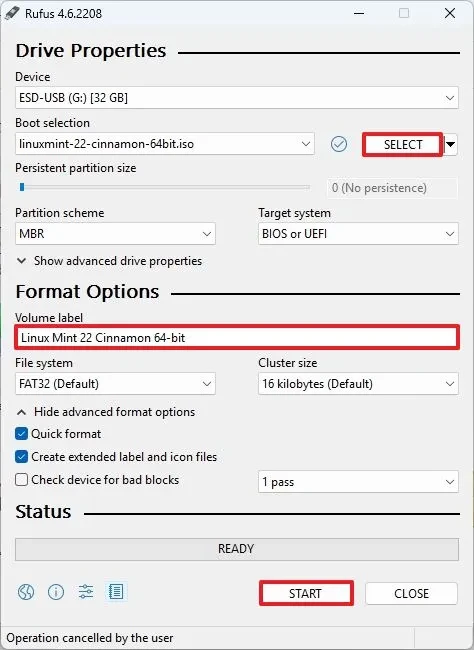 Giao diện công cụ Rufus để tạo USB khởi động cho Linux Mint