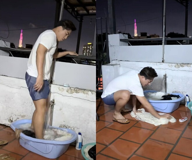 Nam ca sĩ chủ động phụ giúp bà xã làm việc nhà.