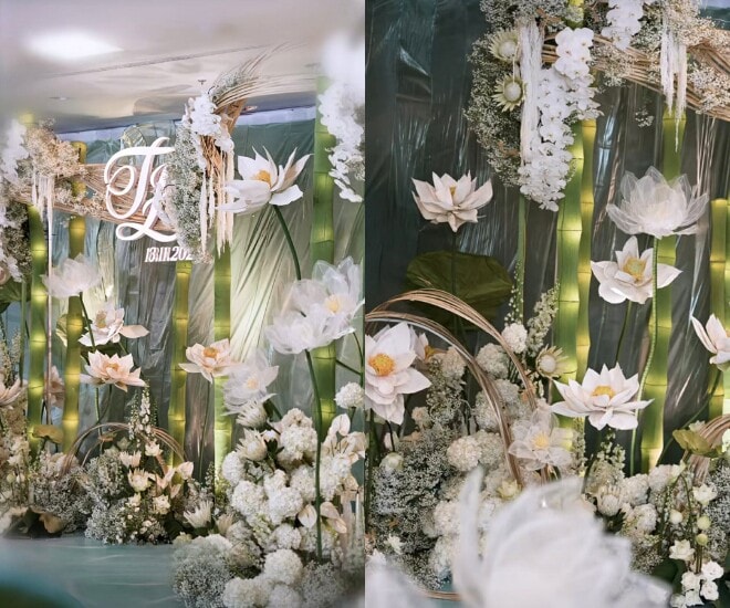 Không gian hôn lễ được trang trí nhiều hoa sen.