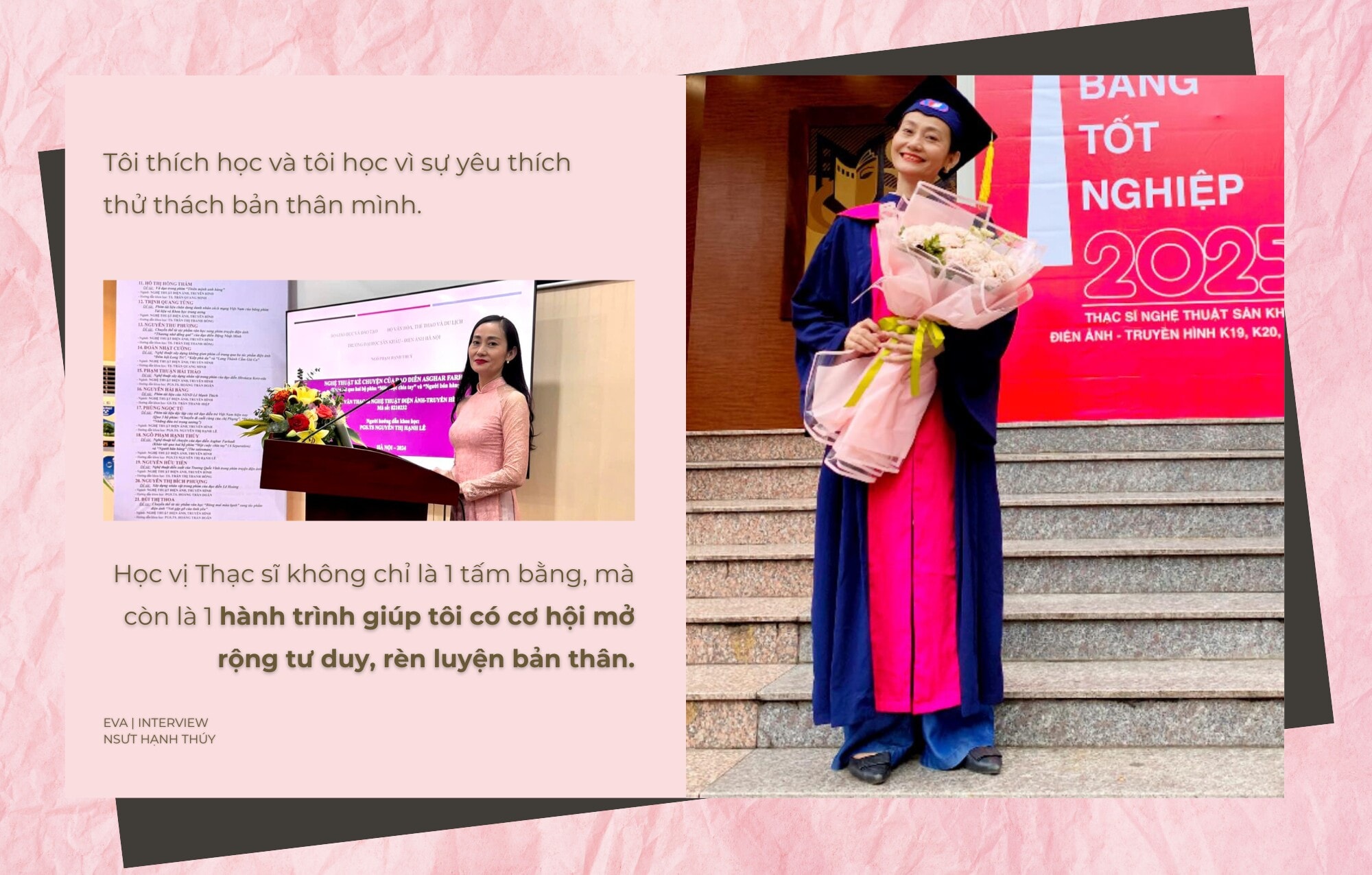 NSƯT Hạnh Thúy trong ngày nhận bằng Thạc sĩ tại Trường Đại học Sân khấu - Điện ảnh Hà Nội.