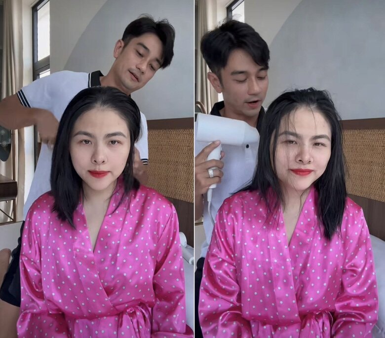 Doanh nhân Hữu Quân sấy tóc, chải tóc cho vợ.