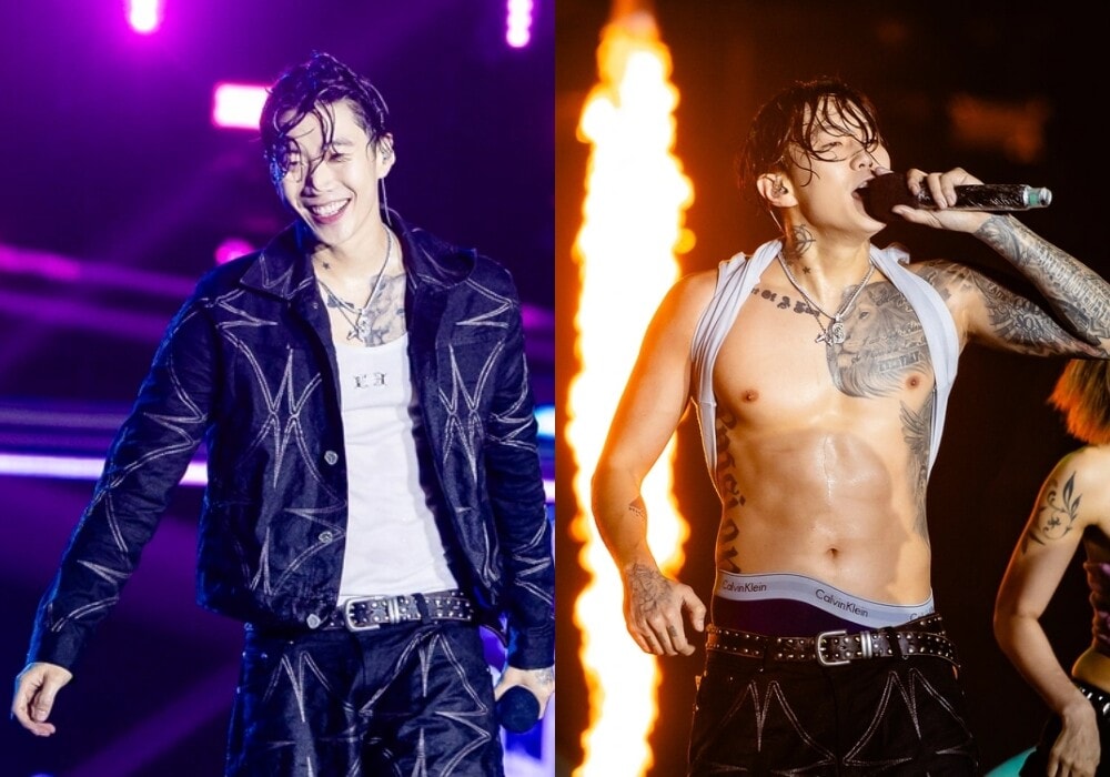 Jay Park để lộ nhiều hình xăm khi cởi áo biểu diễn.