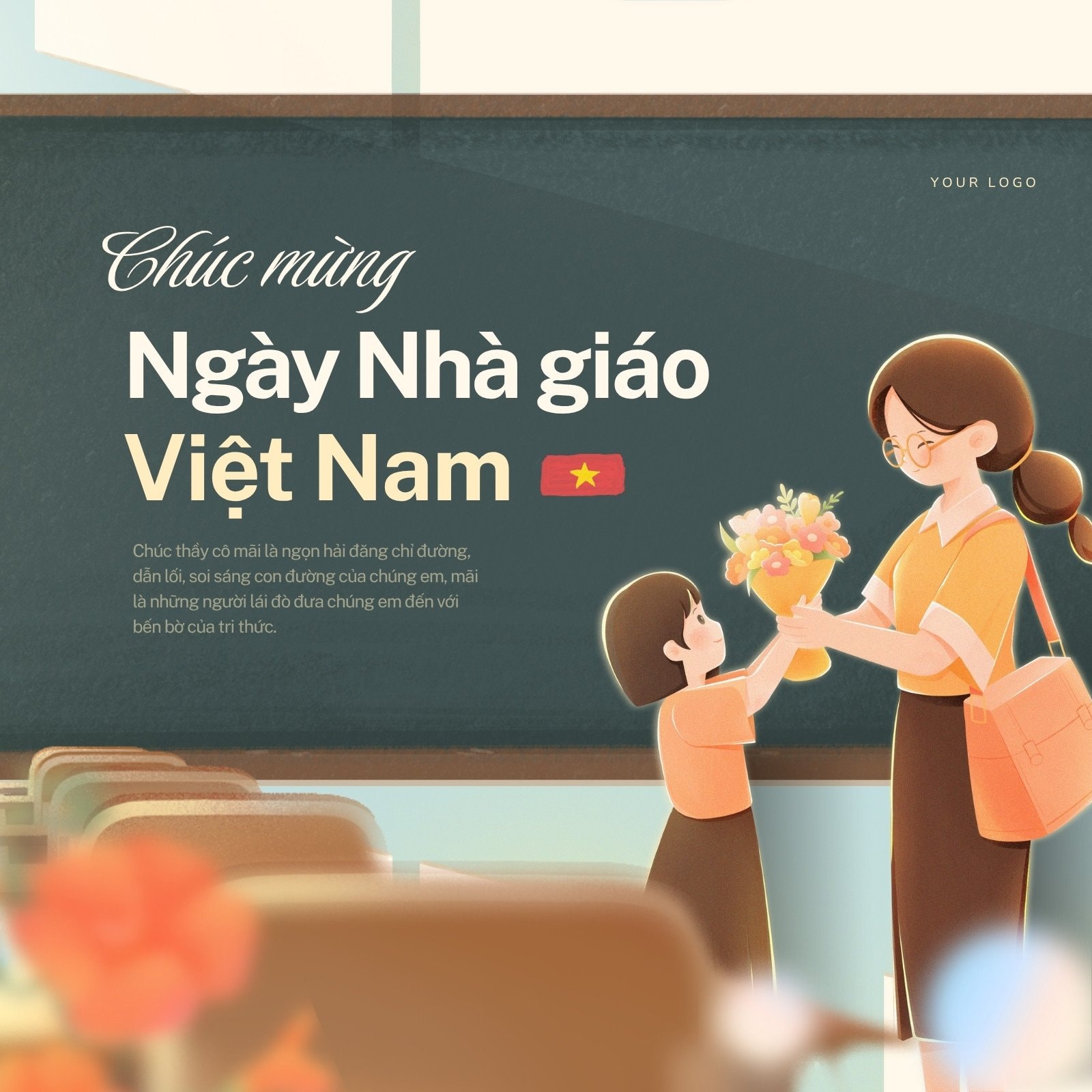 Bài đăng Instagram Chúc mừng Ngày Nhà giáo Việt Nam 20/11 Hoạt hình Nâu vàng