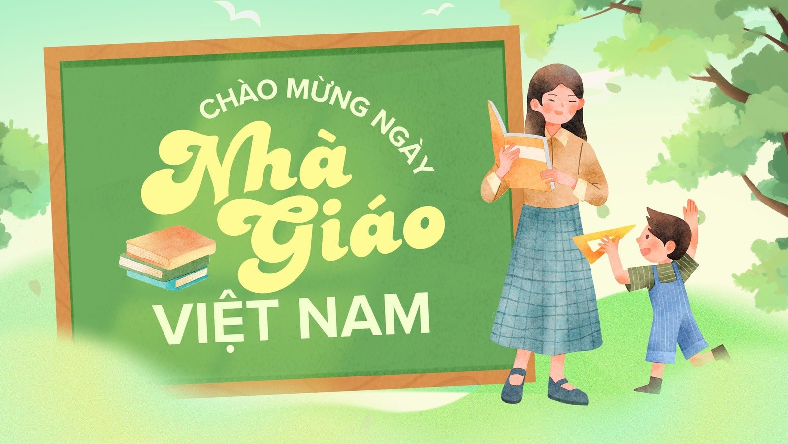 Xanh Minh Họa Lời Chúc Mừng Ngày Nhà giáo Việt Nam 20/11 Backdrop Facebook Banner