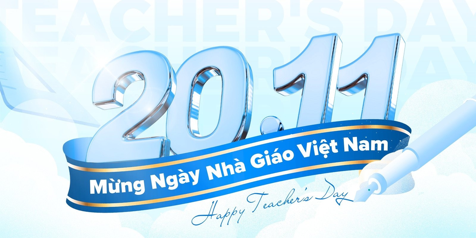 Trắng Xanh Hiện Đại Lời Chúc Mừng Ngày Nhà Giáo Việt Nam 20/11 Backdrop Banner Ngang