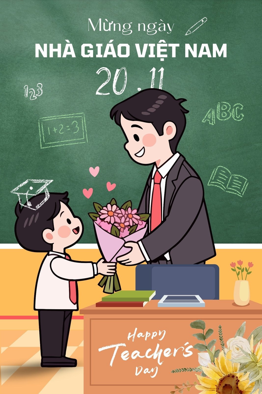 Xanh lá đậm vàng đơn giản dễ thương hình minh hoạ nhà giáo thiệp