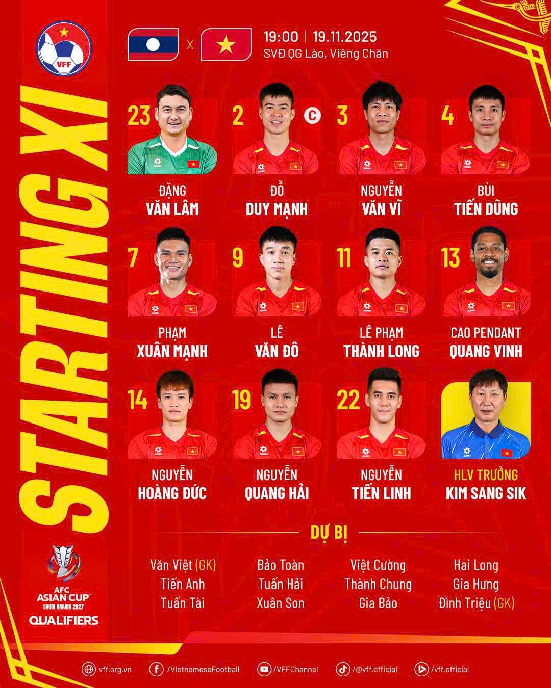 Tiến Linh được bố trí đá cao nhất trên hàng công của Đội tuyển Việt Nam trong trận gặp Đội tuyển Lào.