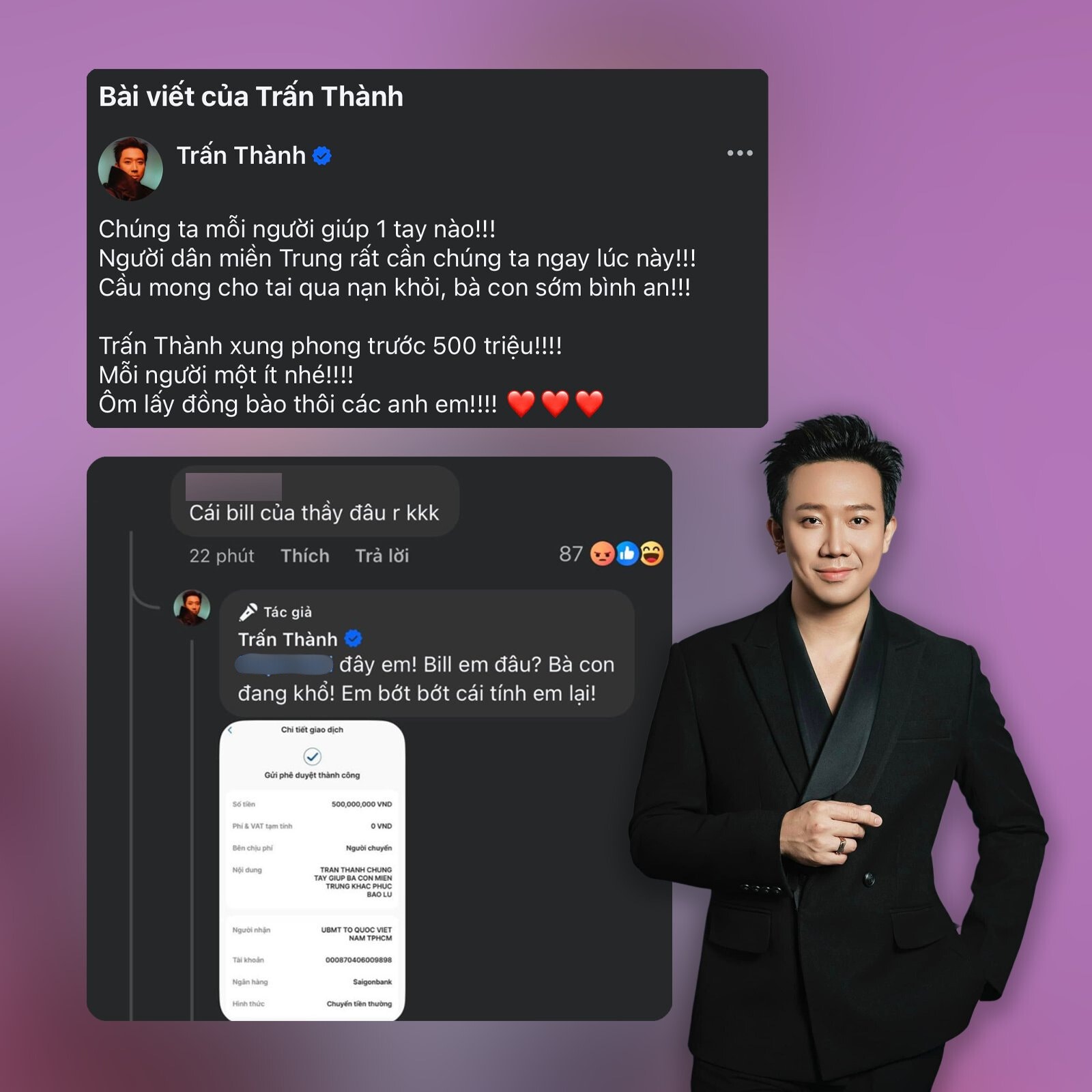 Bị mỉa mai hỏi bill từ thiện, Trấn Thành đáp trả gắt