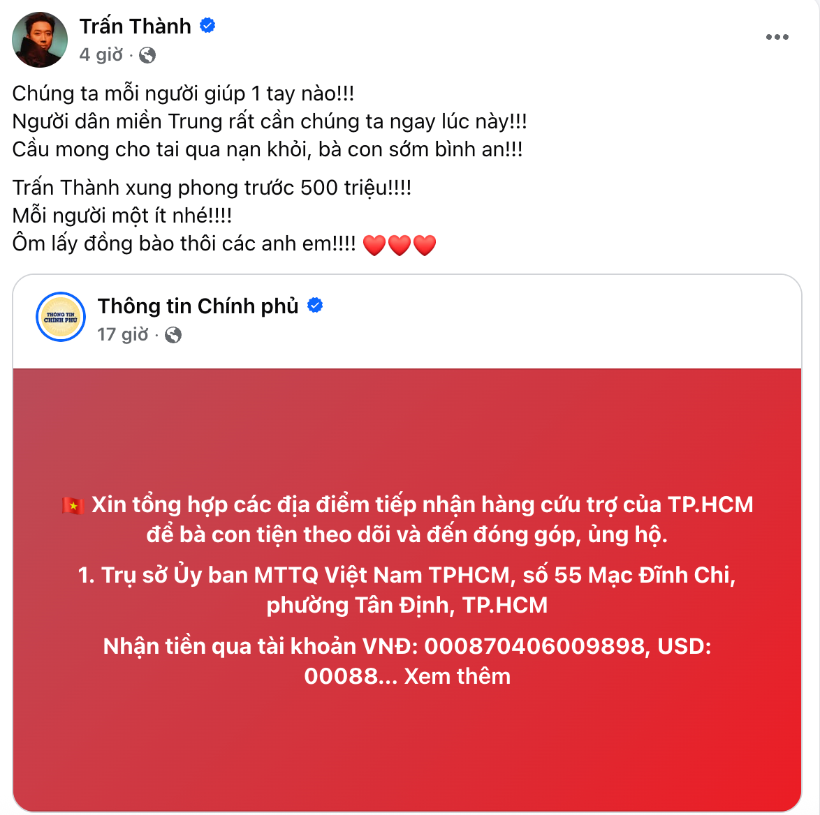 Trấn Thành quyên góp 500 triệu đồng giúp đỡ bà con miền Trung