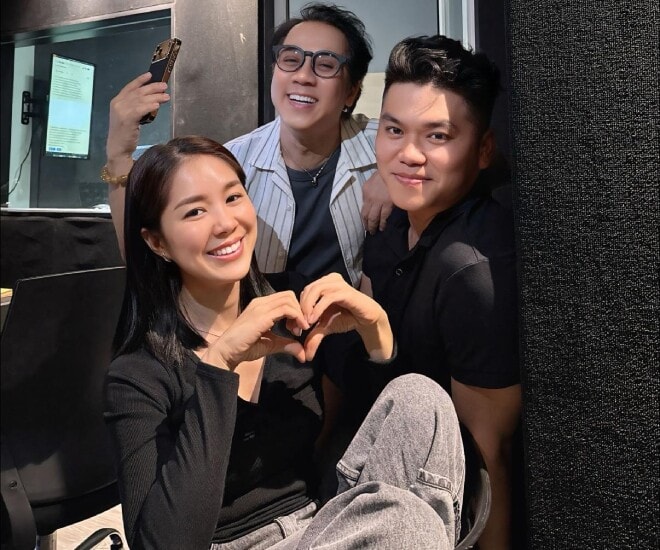 Lê Phương và Trung Kiên trong phòng thu cho dự án nghệ thuật mới.