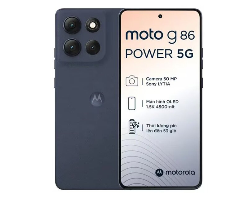 Điện thoại Motorola Moto G86 Power 5G với màn hình lớn và thiết kế chắc chắn.