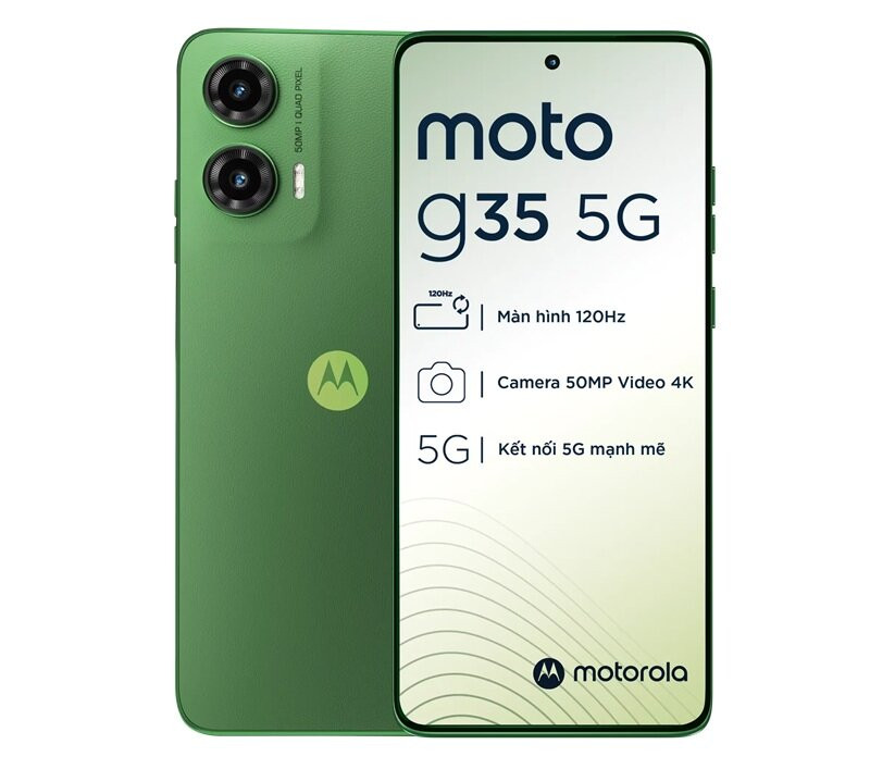 Điện thoại Motorola G35 5G với thiết kế mặt lưng da và cụm camera kép.