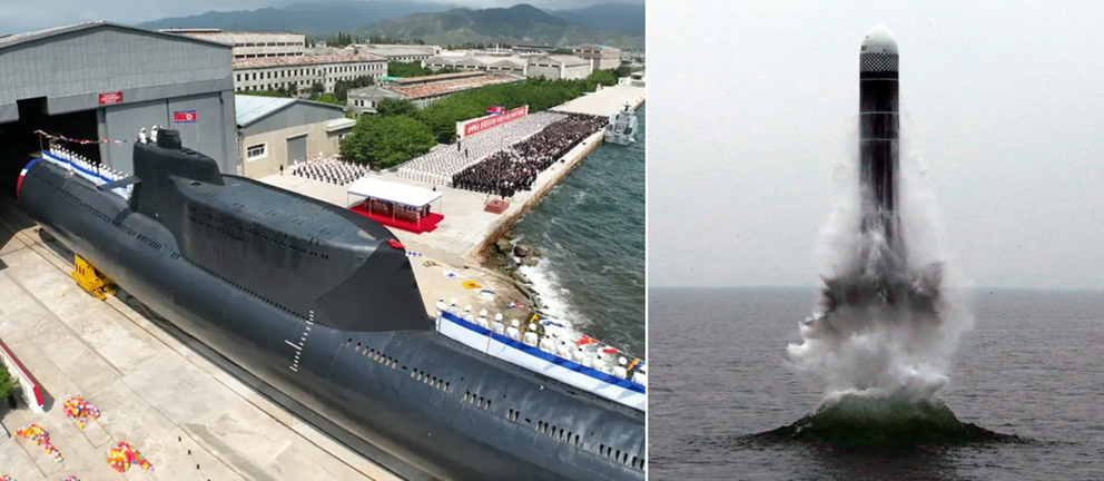 (Trái) Tàu ngầm Hero Kim Gun-ok; (Phải) Tên lửa Pukguksong-5 - Ảnh KCNA