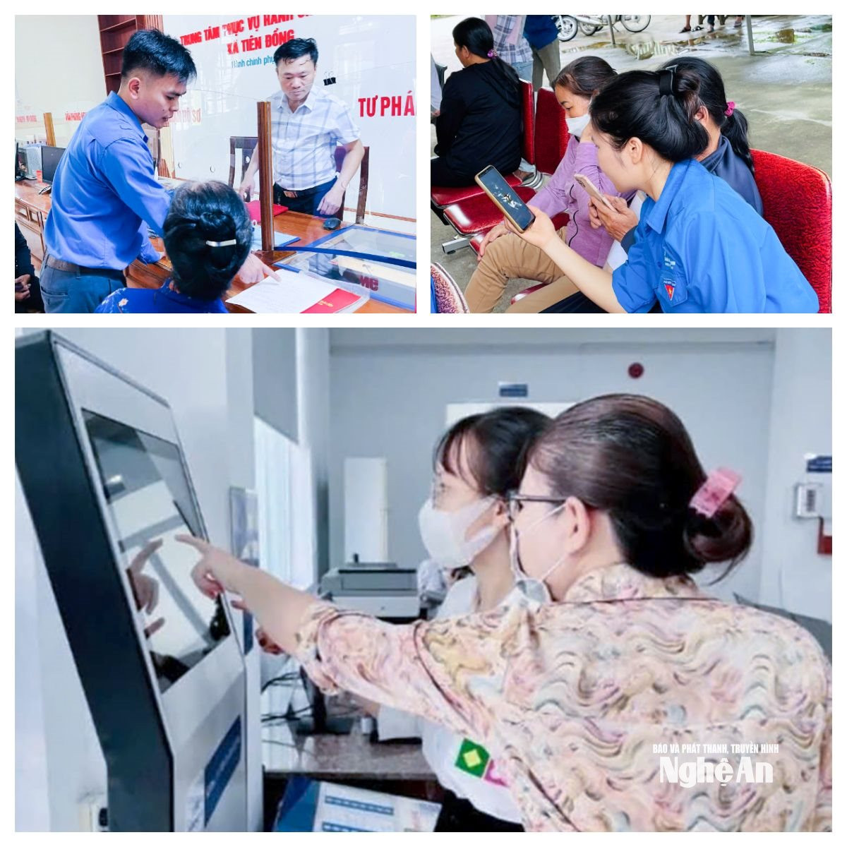 Đoàn thanh niên hướng dẫn người dân thực hiện nộp hồ sơ và công chức xã Tiên Đồng hướng dẫn người dân thực hiện thủ tục hành chính bằng hệ