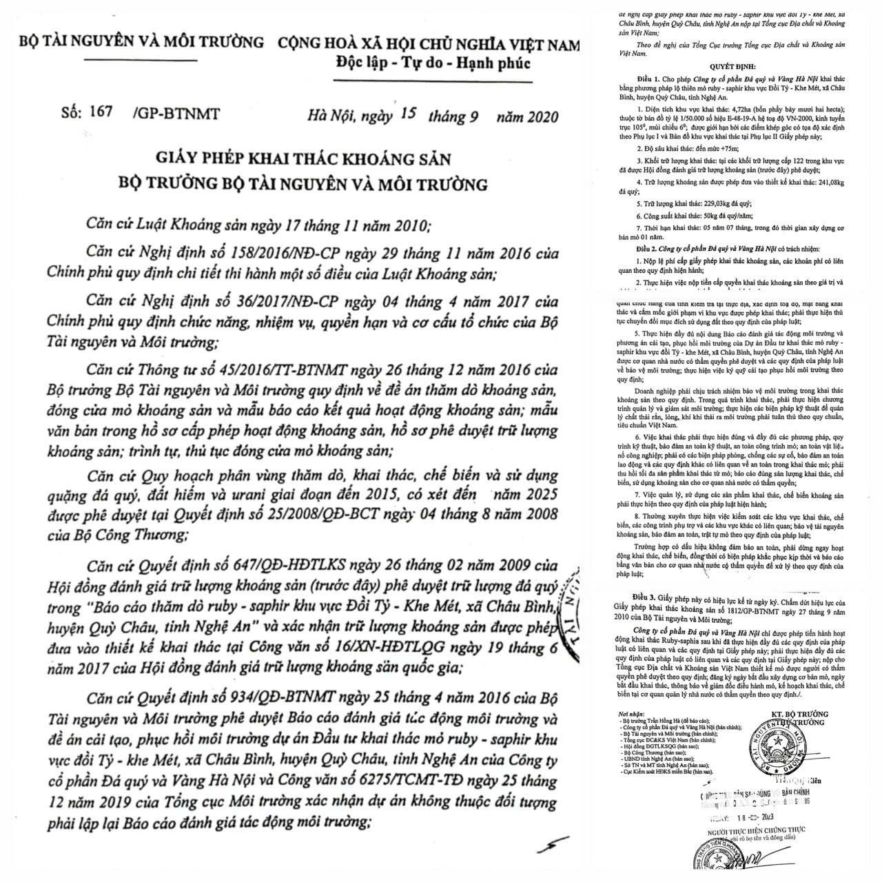 Giấy phép khai thác số 167/GP-BTNMT của Bộ Tài nguyên và Môi trường (cũ) cho phép Công ty CP Đá quý và Vàng Hà Nội được phép thực hiện Dự án khai thác mỏ ruby – saphir khu vực Đồi Tỷ - Khe Mét, xã Châu Bình. Ảnh: Nhật Lân