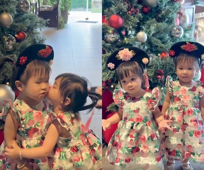 Hai con gái của Kha Ly và Thanh Trúc mặc đồ đôi, trông giống như chị em sinh đôi.