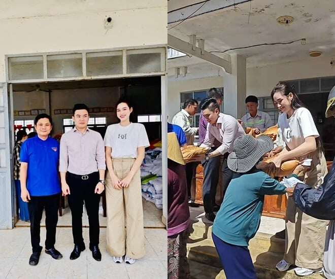 Đỗ Thị Hà cùng chồng doanh nhân trao tiền và gạo hỗ trợ người dân Đắk Lắk khắc phục hậu quả thiên tai.