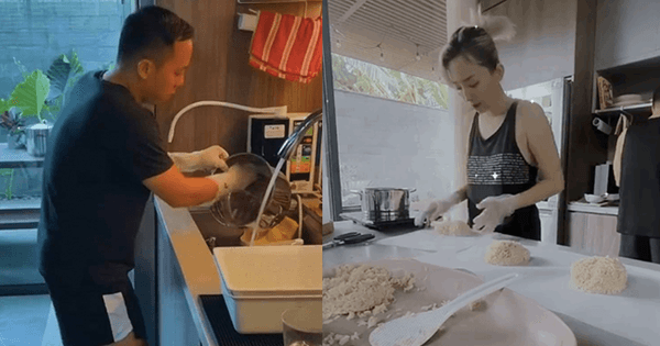 Hình ảnh Tóc Tiên và Touliver cùng nhau nấu ăn trong biệt thự.