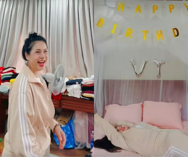 Việt Trinh bất ngờ khi nhìn thấy phòng ngủ được trang trí sinh nhật.