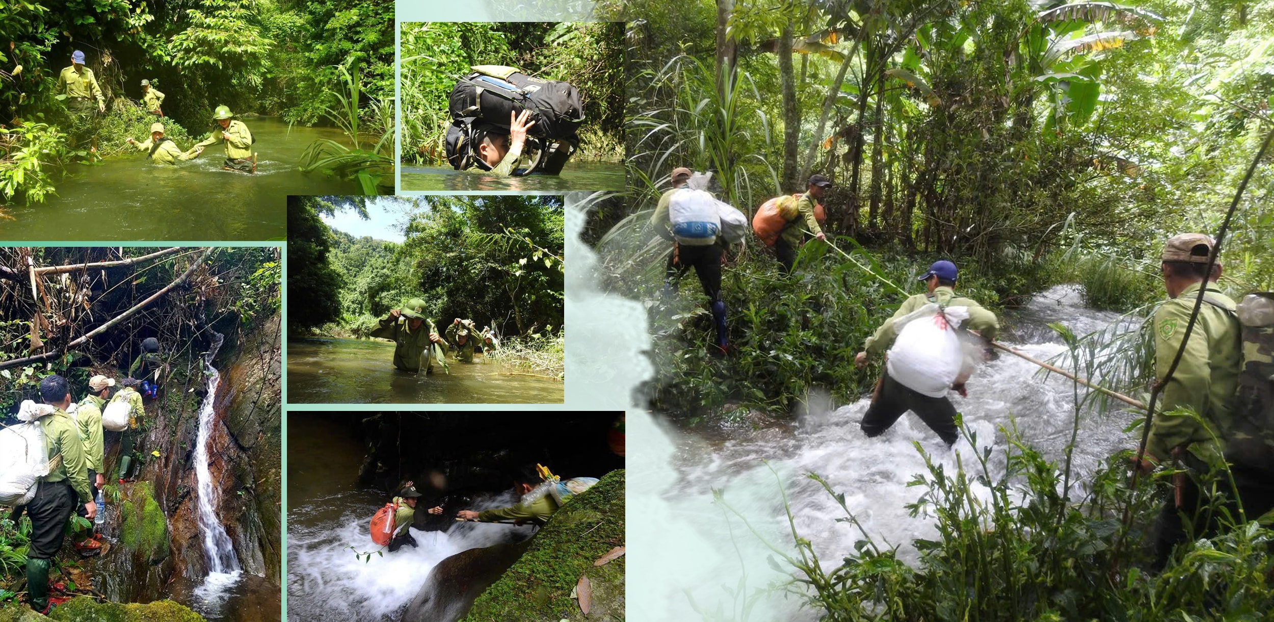Cán bộ, nhân viên Vườn Quốc gia Pù Mát vượt suối tuần tra rừng