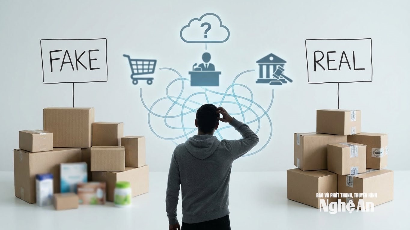 Thị trường thật - giả lẫn lộn. Ảnh Ngọc Dũng tạo bằng AI