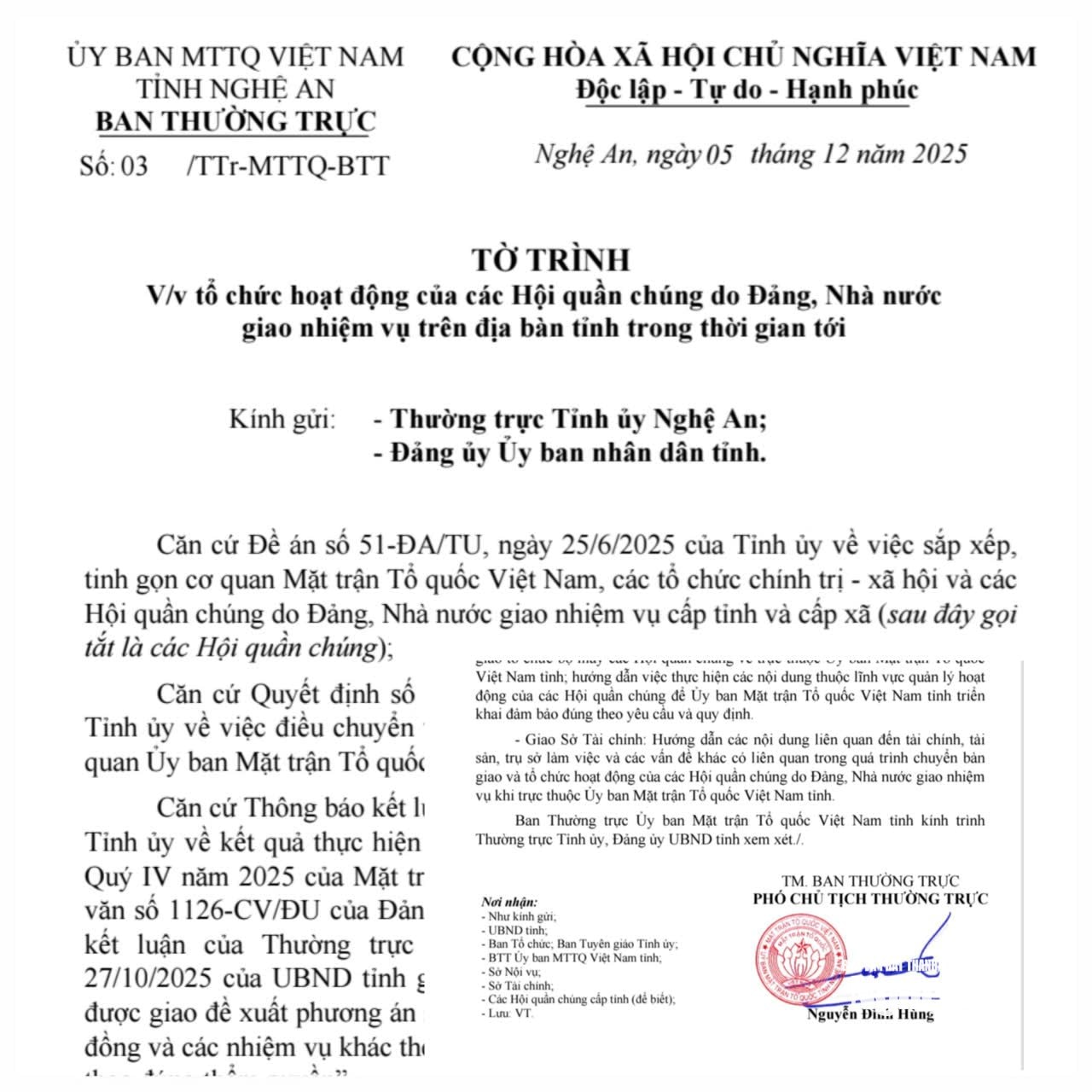 Ủy ban Mặt trận Tổ quốc tỉnh Nghệ An đề nghị Sở Nội vụ tiếp tục tham mưu xây dựng Đề án sắp xếp, tinh gọn, hợp nhất tổ chức Hội quần chúng
